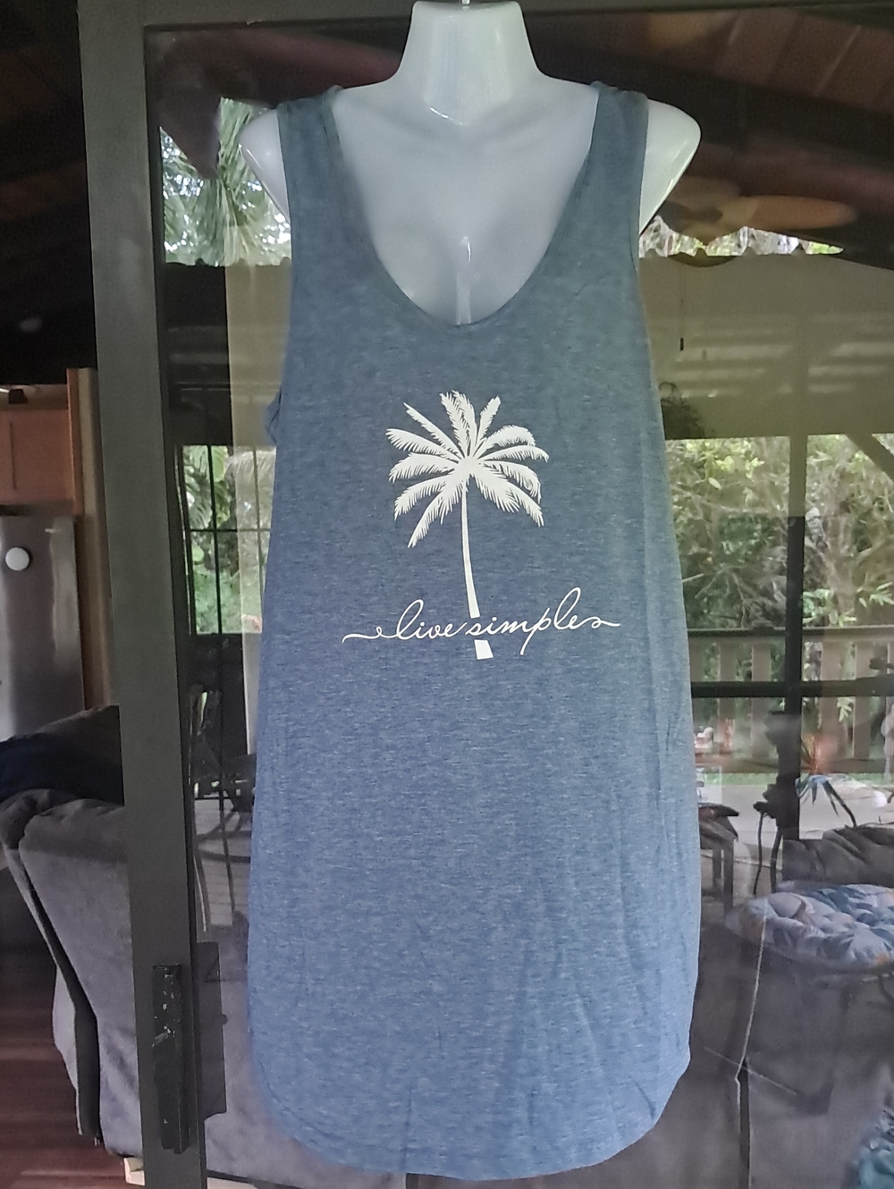 Live Simple Blue Palm Graphic Tank Top Dress